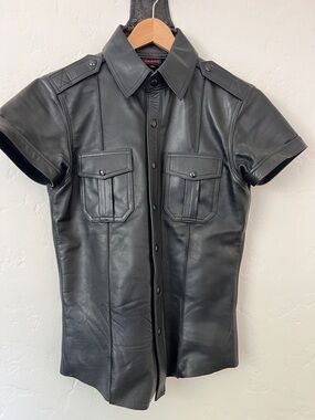 Custom Black Short-Sleeve Leather Button-Front Shirt